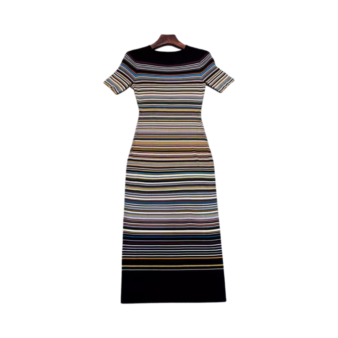 Color Stripes Round Neck Short Sleeved Knitted Dress