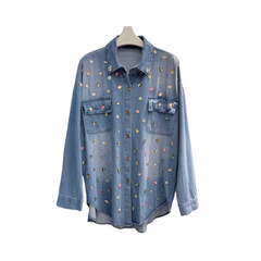 Diamond Nail Bead Long Sleeve Denim Shirt