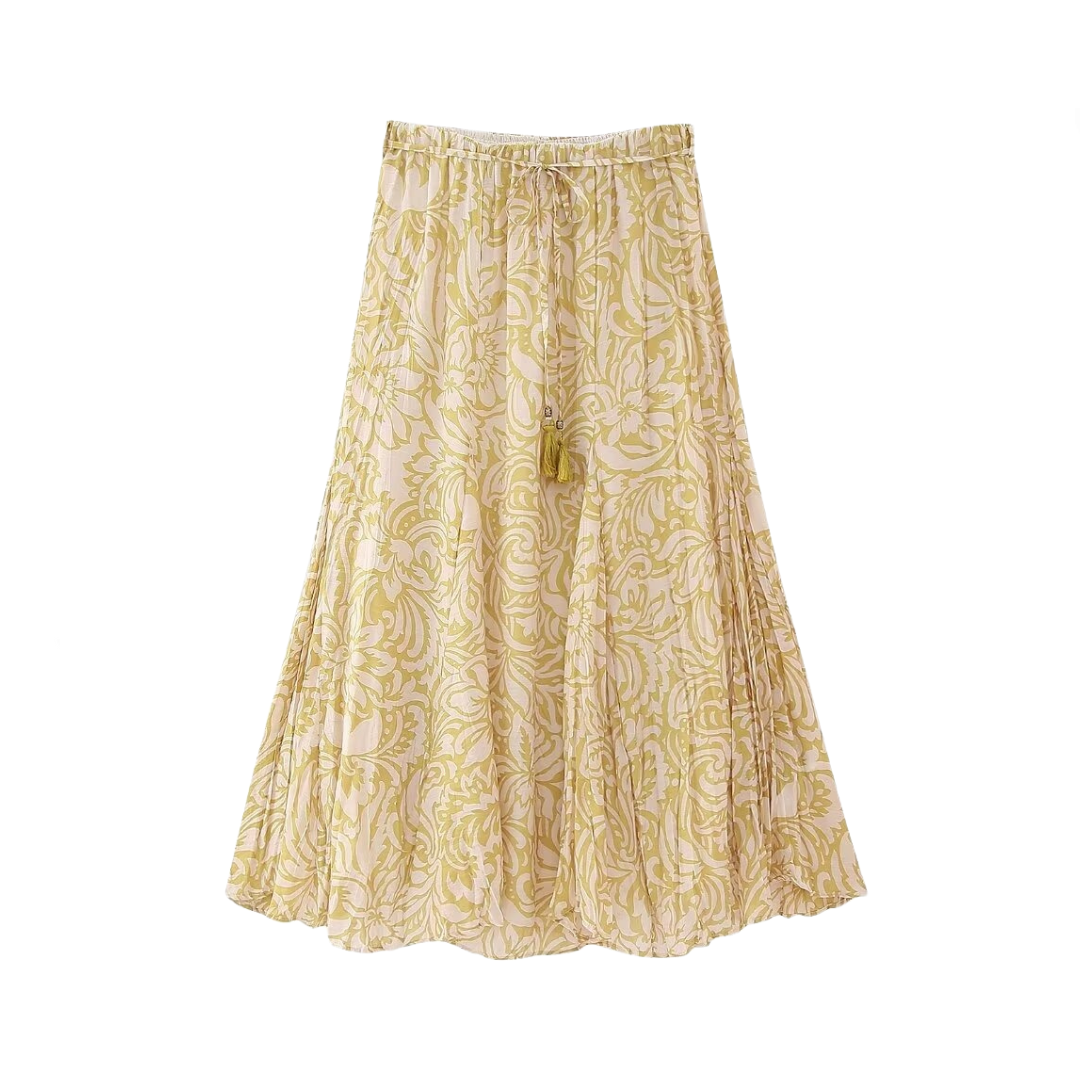 High Waist Lace Up A-Line Printed Midi Skirt