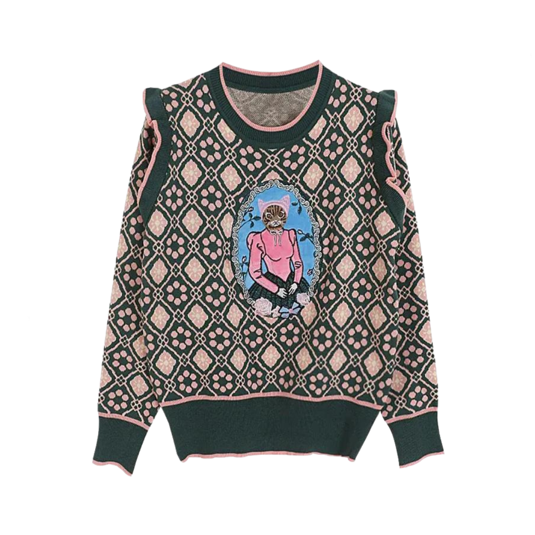 Cat Embroidery Plaid Long Sleeve Knitted Sweater