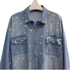 Diamond Nail Bead Long Sleeve Denim Shirt