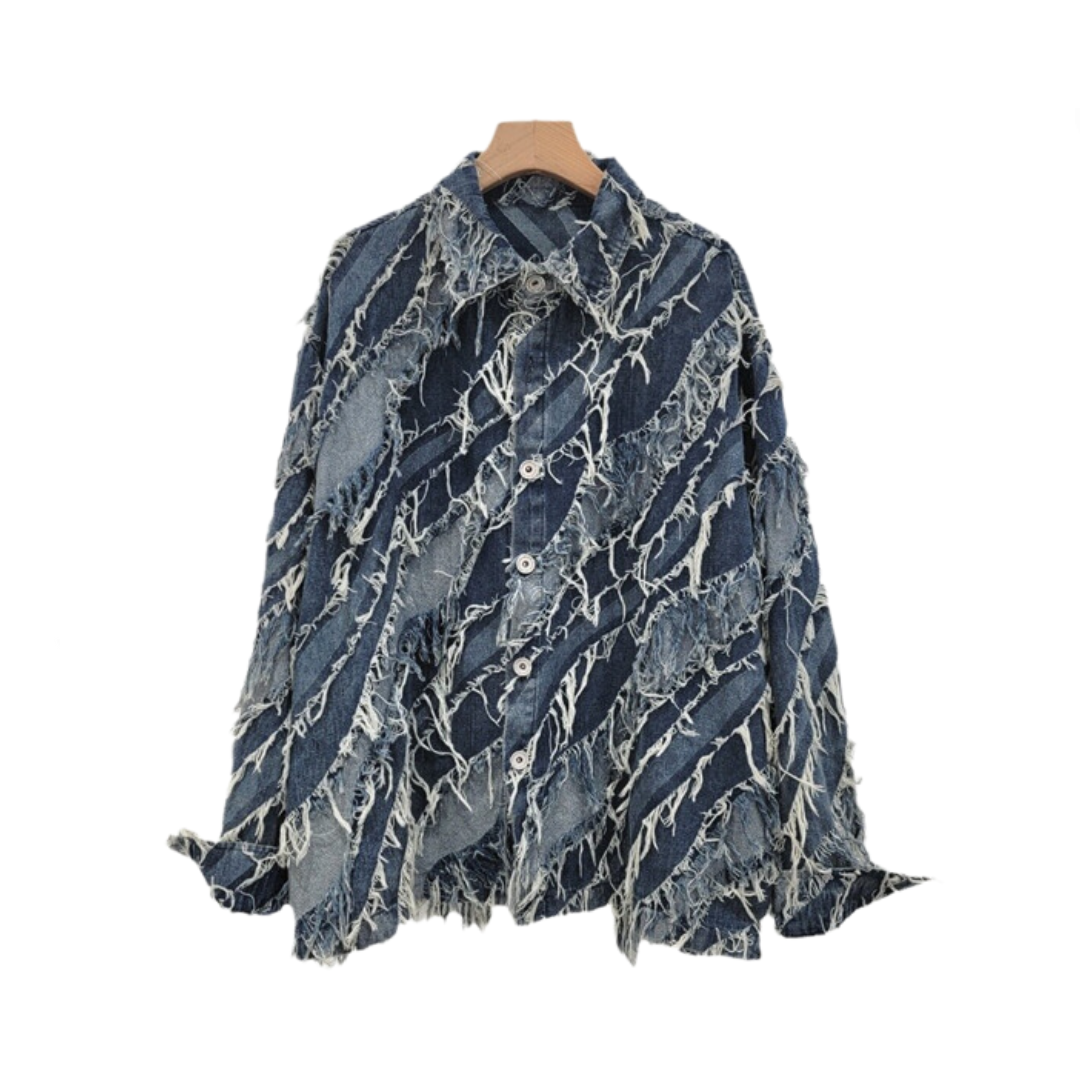 Patchwork Washed Burrs Tassel Long Sleeve Jacket