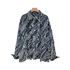 Patchwork Washed Burrs Tassel Long Sleeve Jacket