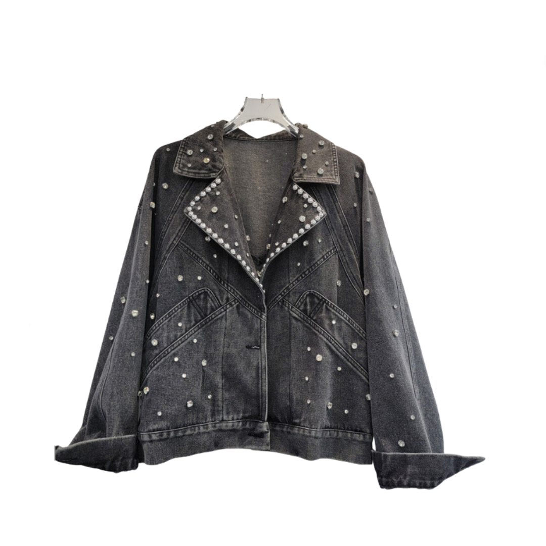 Nail Bead Studded Diamond Retro Motorcycle Denim Jacket