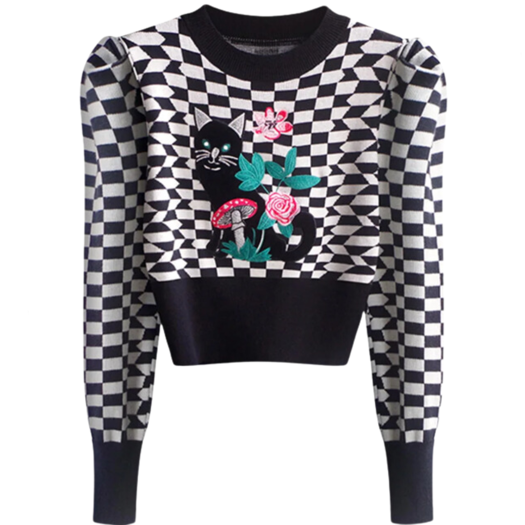 Plaid Bubble Sleeve Cat Embroidery Cropped Sweater