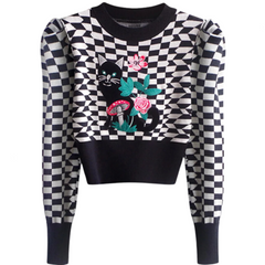 Plaid Bubble Sleeve Cat Embroidery Cropped Sweater