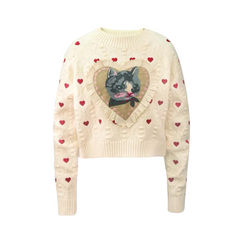 Cat Heart Jacquard Long Sleeve Knit Sweater