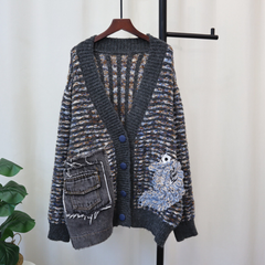 Striped V-Neck Animal Loose Knitted Cardigan