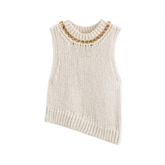 Asymmetrical Sleeveless Round Neck Chain Knitted Vest