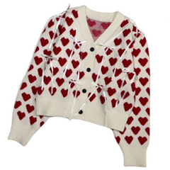 Retro V-Neck Love Jacquard Bow Soft Cardigan