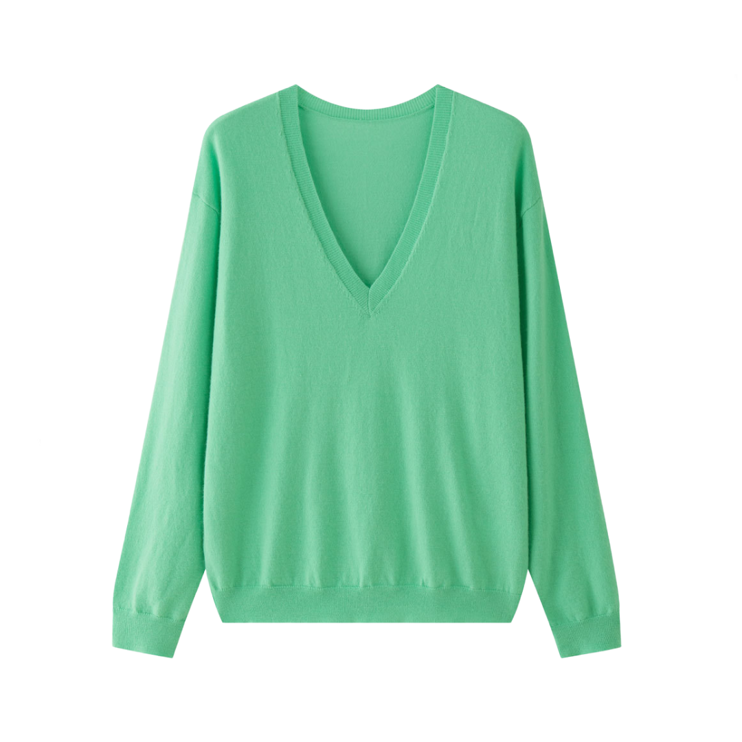 Solid V-Neck Smooth Soft Wool Knitted Loose Sweater