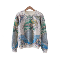 Art Print Sailboat Retro Round Neck Knitted Sweater