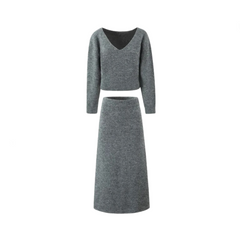 Gray V-Neck Knitted Pullover + Skirt Set