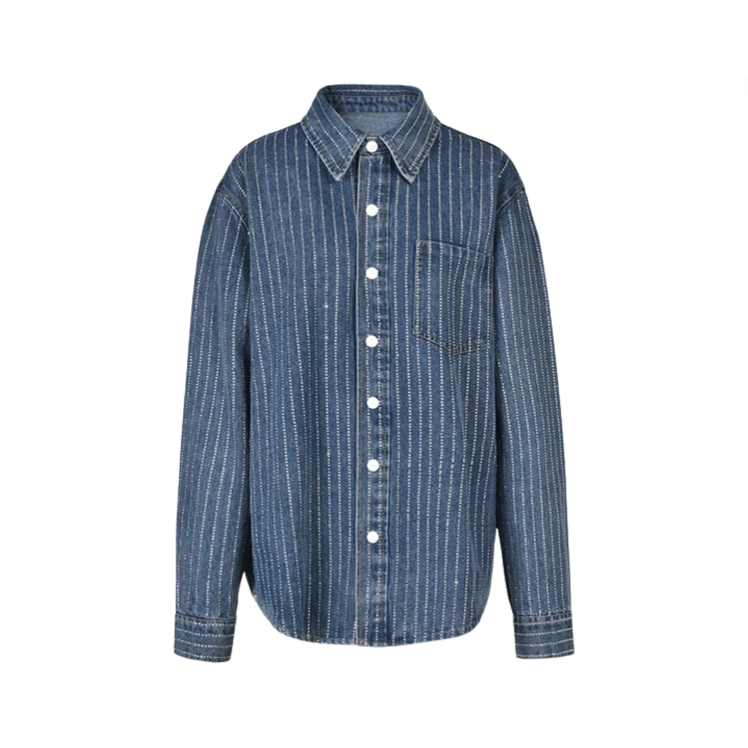 Denim Rhinestones Long Sleeved Loose Shirt