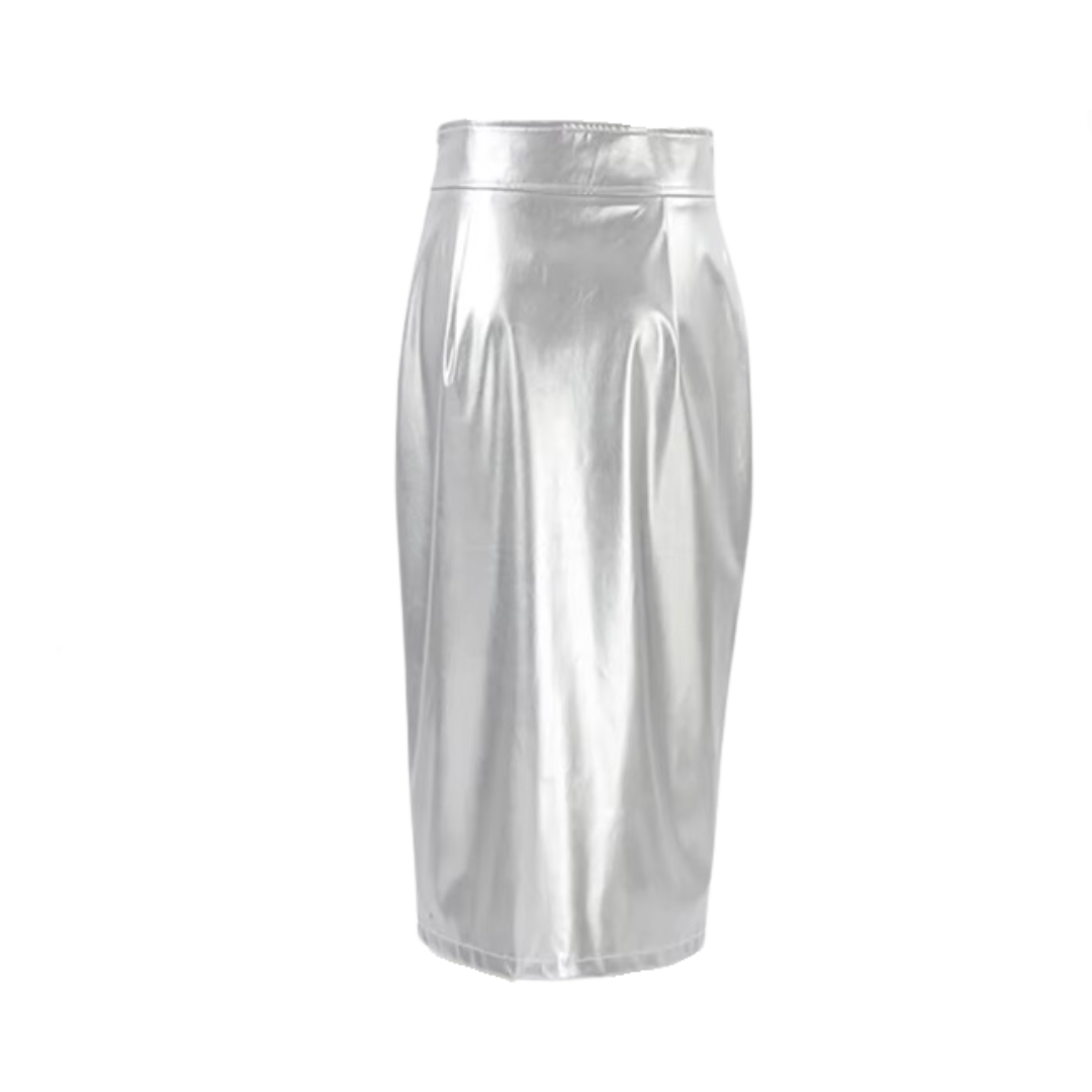 Shiny Silver PU Leather High Waist Front Slit Skirt