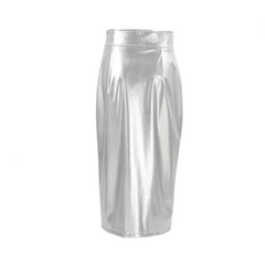 Shiny Silver PU Leather High Waist Front Slit Skirt