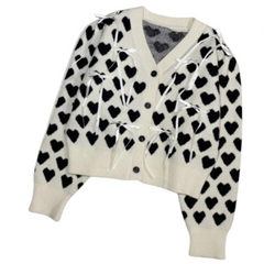Retro V-Neck Love Jacquard Bow Soft Cardigan