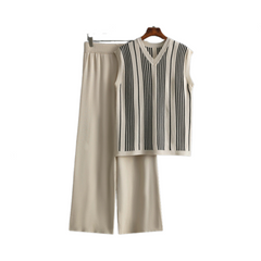 Striped V-Neck Vest Wide Leg Pants Knitted Set