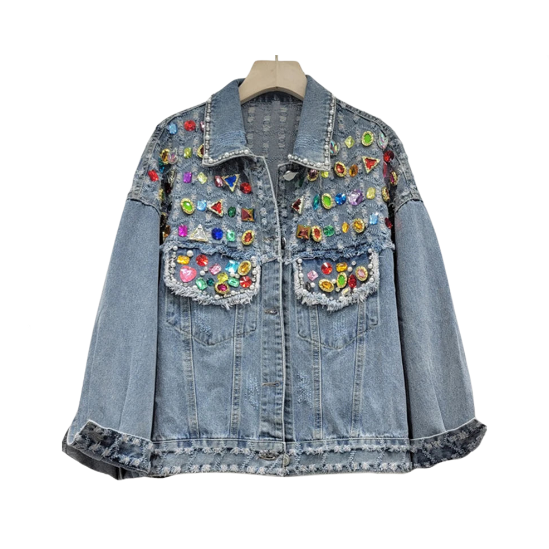 Colorful Diamond Pearl Burrs Ripped Denim Jacket