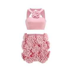 3D Flower Spliced Tight Top + Mini Skirt Set