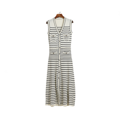 Classic Striped Sleeveless V-Neck Knitted Dress