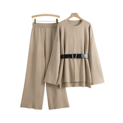 Knitted Loose Belted Sweater + Wide Leg Pants Set