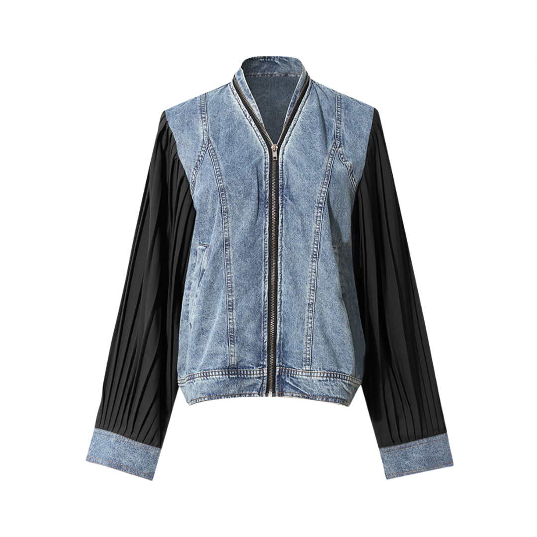 Spliced Pleated Sleeve Denim Shirt