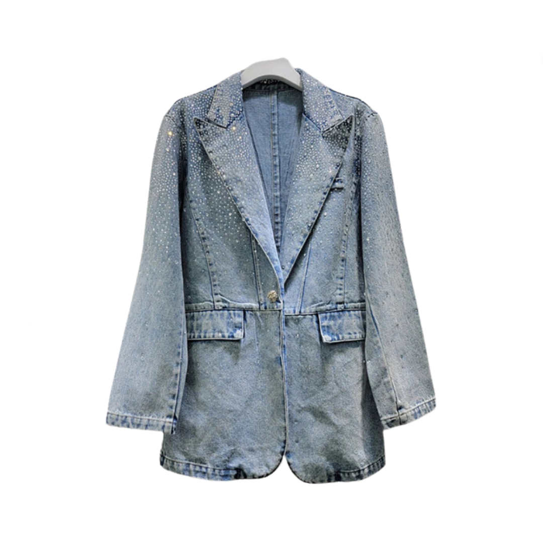 Vintage Diamond Embellished Single Button Denim Blazer