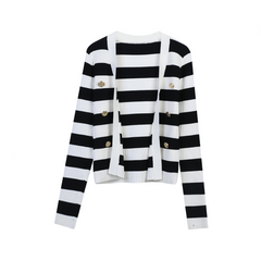 Striped Double Row Metal Button Loose Cardigan