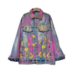 Colorful Heart Shaped Graffiti Hand Drawn Denim Jacket