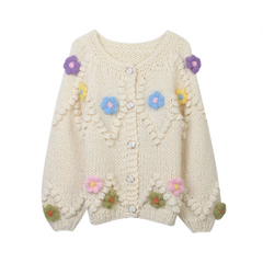 Diamond Hook Flower Loose Round Neck Thick Cardigan