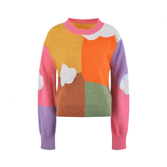 Color Block Cloud Round Neck Long Sleeved Knitted Sweater