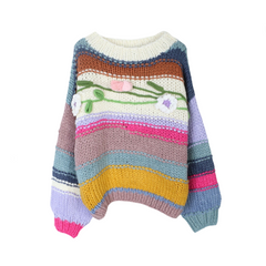 Striped Loose Long Sleeved 3D Flower Sweater