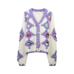 Color Block Hand Hooked Floral Sequin Knit Cardigan