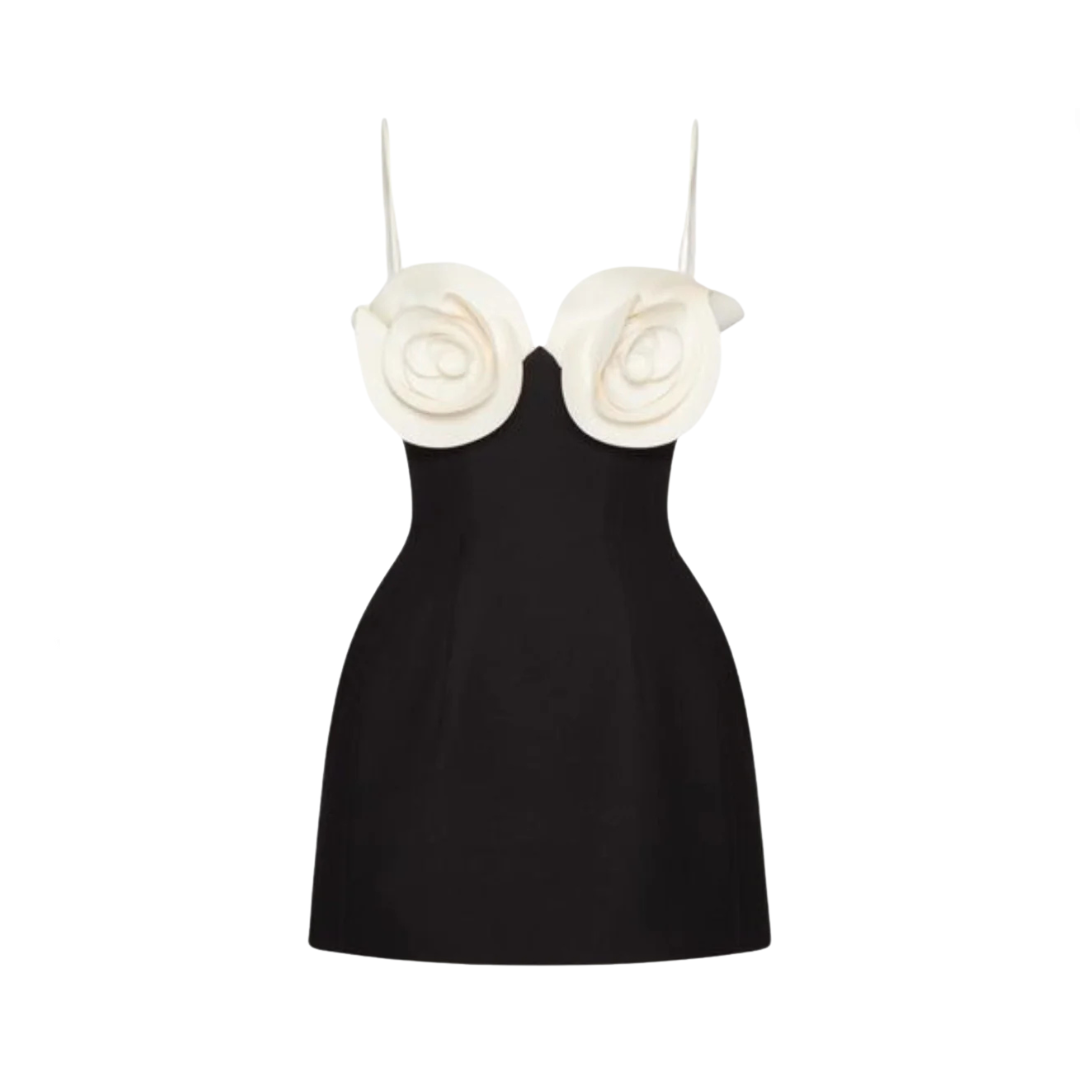 White 3D Flower A-Line Black Party Dress