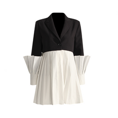 Lantern Sleeved Pleated Contrast Mini Coat Dress
