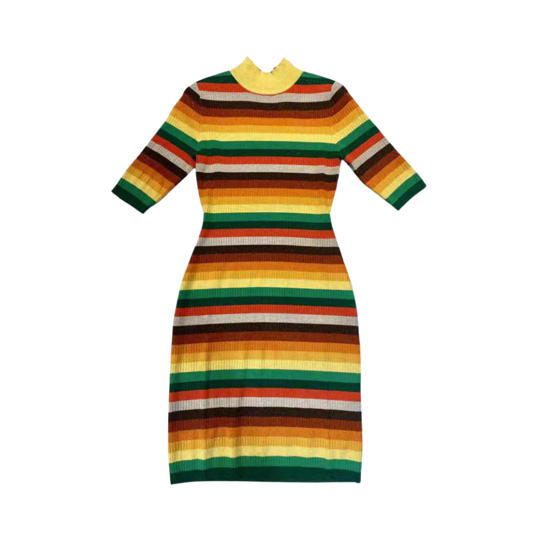 Rainbow Striped Waist Cinching Patchwork Pullover Dress