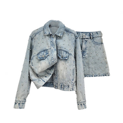 Diamond Embellished Denim Jacket + High Waist A-Line Skirt Set