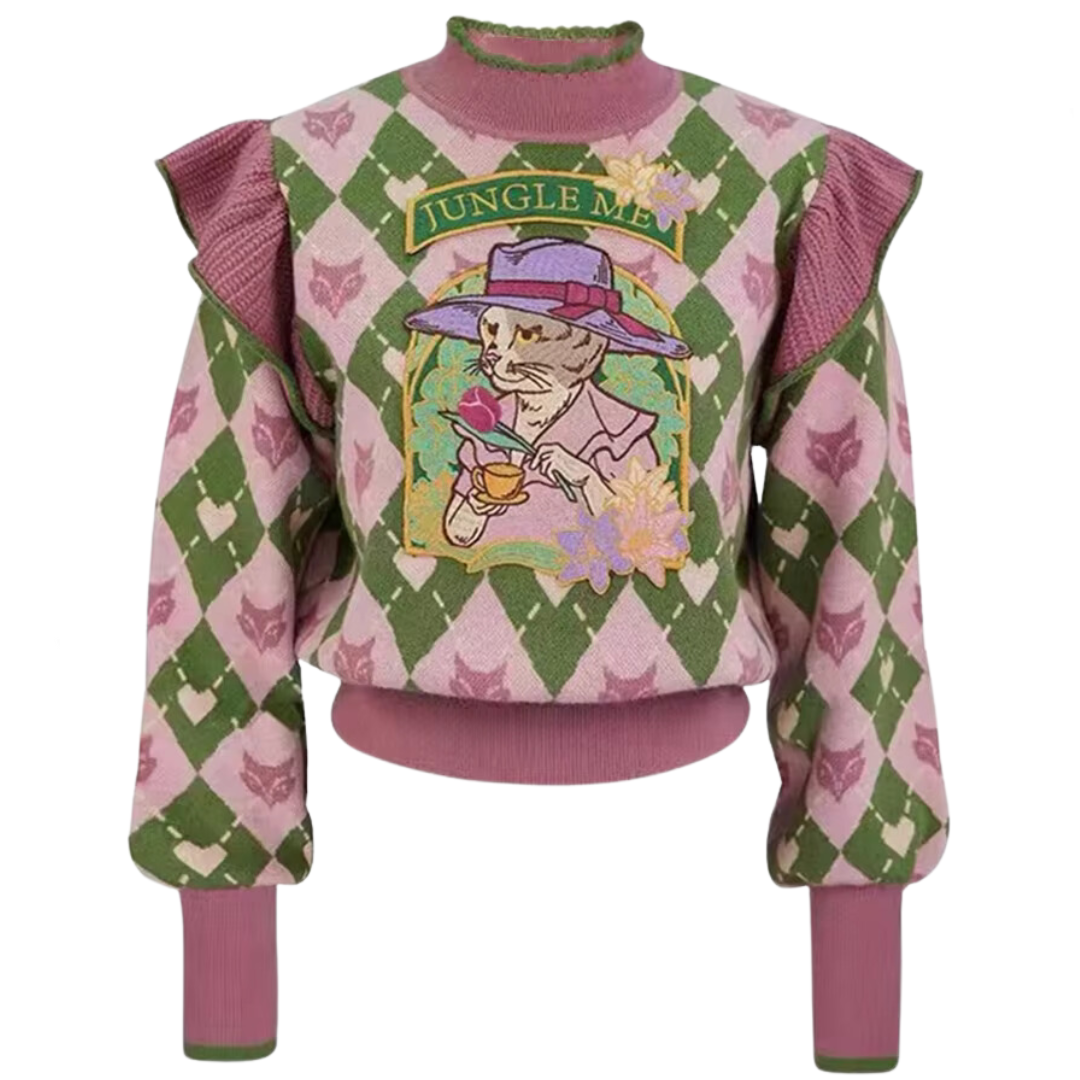 Diamond Grid Cat Afternoon Tea Embroidered Sweater