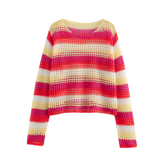 Casual Round Neck Hollowed Out Striped Loose Knit Sweater