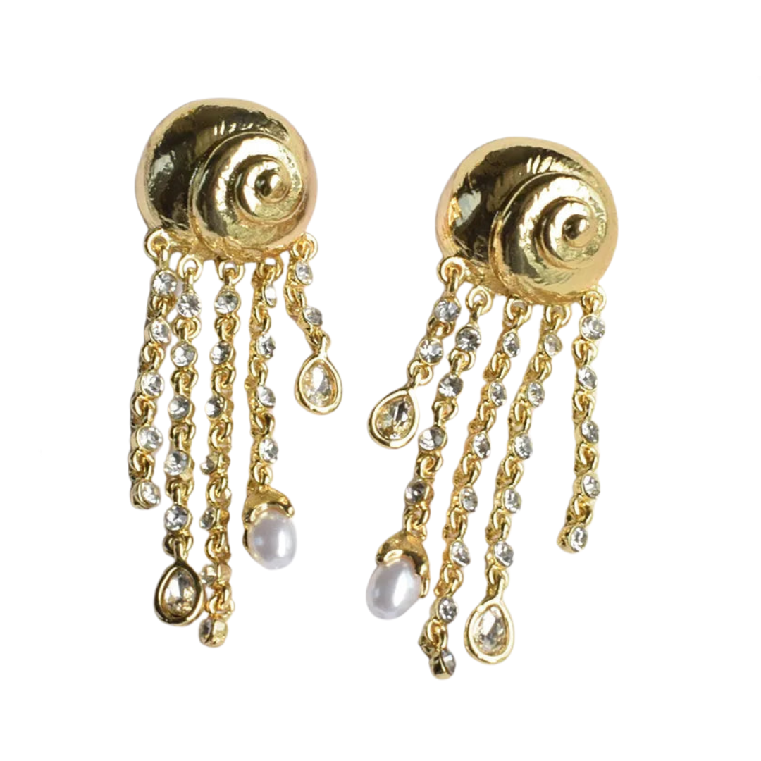 Conch Sparkling Diamond Pearl Tassel Earrings