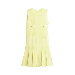 Knit Wide Pleated Button Mini Dress