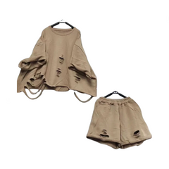Loose Distressed Shirt + Wide Leg Shorts Set