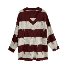 Striped Tassel V-Neck Loose Knitted Sweater
