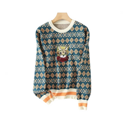 Queen Cat Embroidery Long Sleeved Sweater