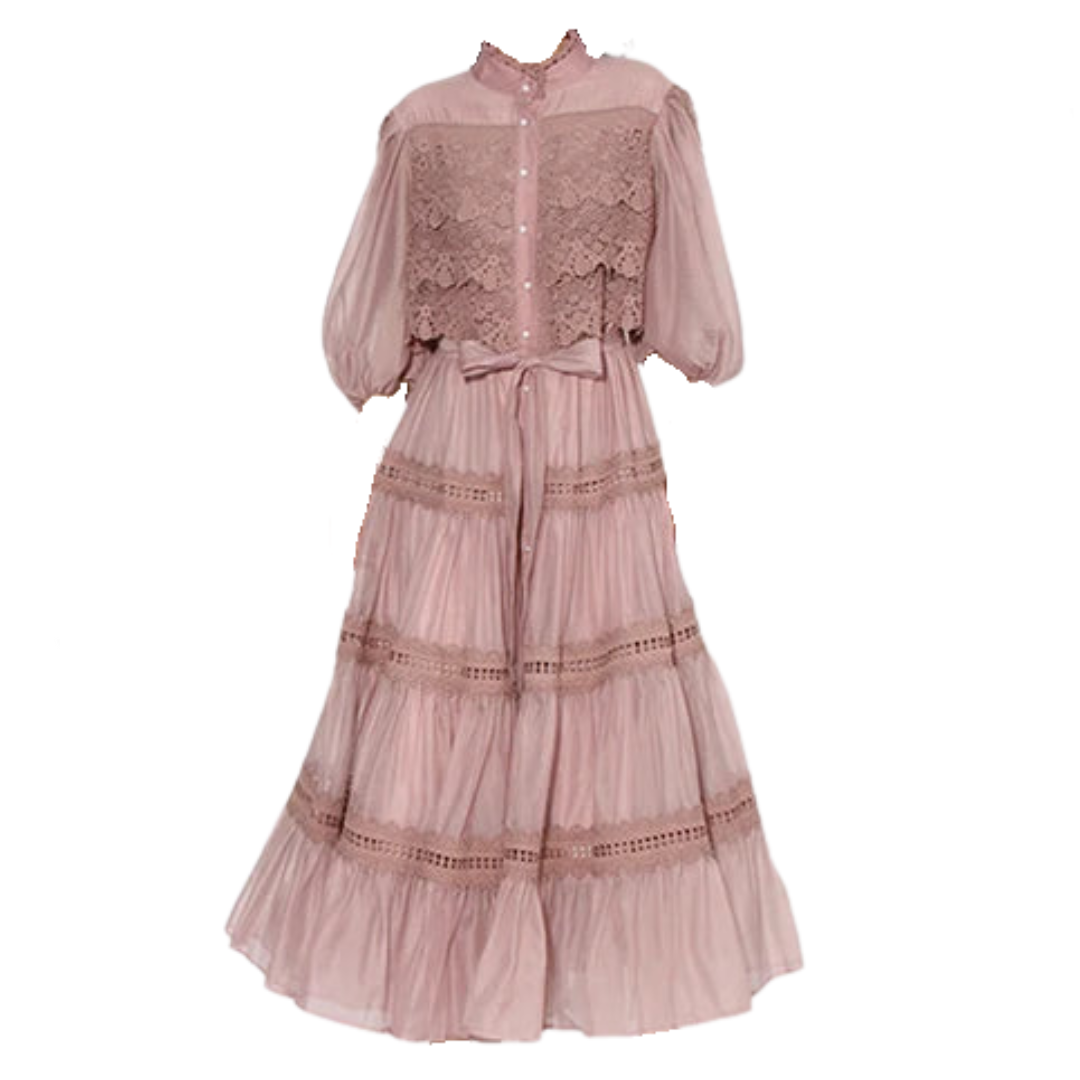 Solid Embroidery High Waist Spliced Lace Up Dress