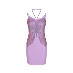 Butterfly Beaded Backless Hanging Neck Bandage Dress