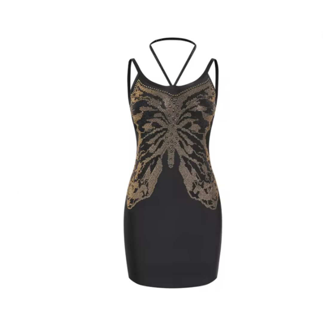 Butterfly Beaded Backless Hanging Neck Bandage Dress