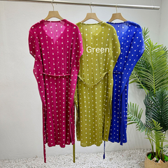 Pleated Polka Dot Cinched Waist Midi Dress