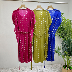 Pleated Polka Dot Cinched Waist Midi Dress